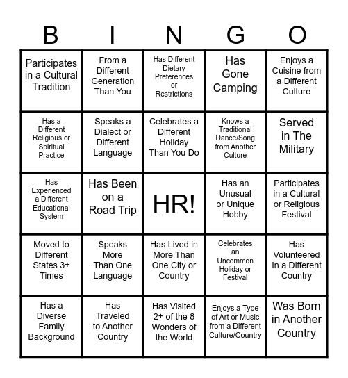 HR Multicultural Festival Bingo Card