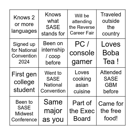 SASE BINGO! Bingo Card