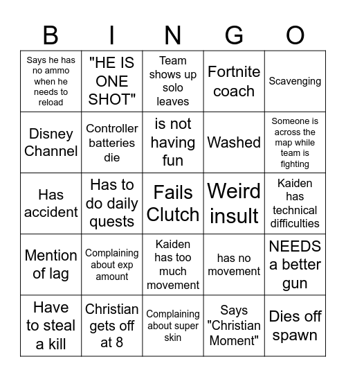 The Fortnite Board Bingo Card