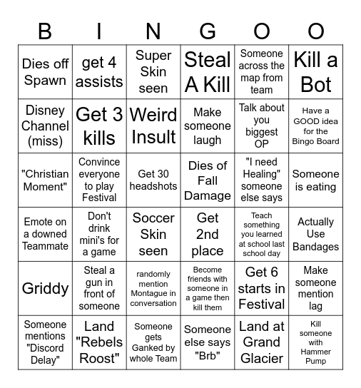 Fortnite Bingo Card