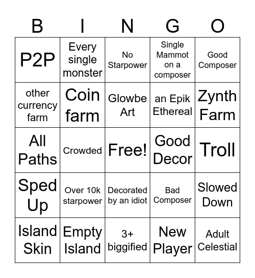 MSM Random island BINGO Card