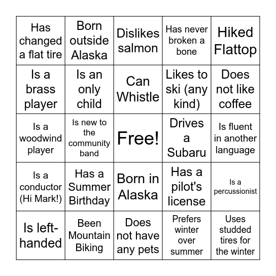 Community Band "Make a Friend" Bingo Card
