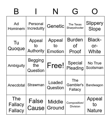 Argument Bingo Card