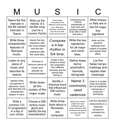 Music Bingo Challenge Bingo Card