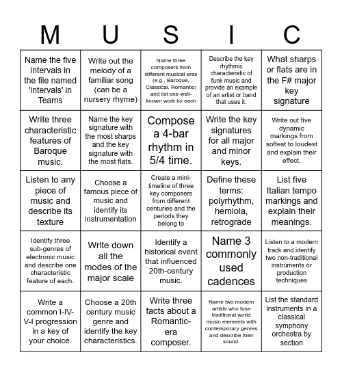 Music Bingo Challenge Bingo Card