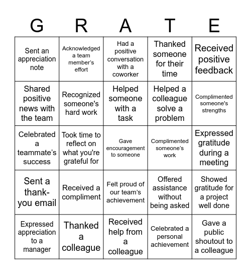 Gratitude Bingo Card