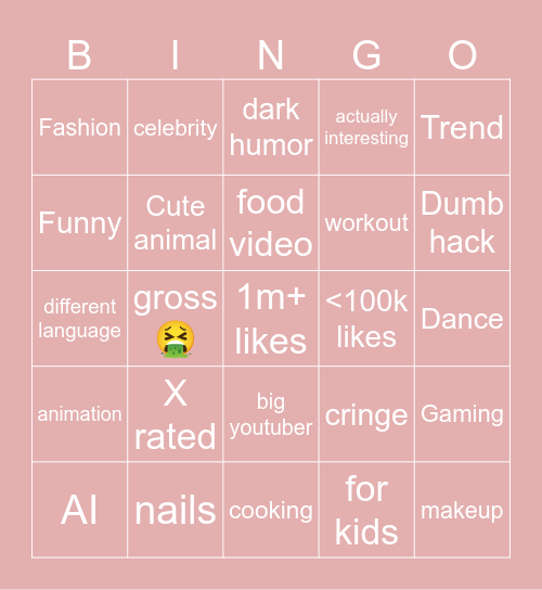 Youtube shorts bingo Card