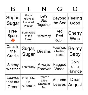 Fall Music Bingo Card