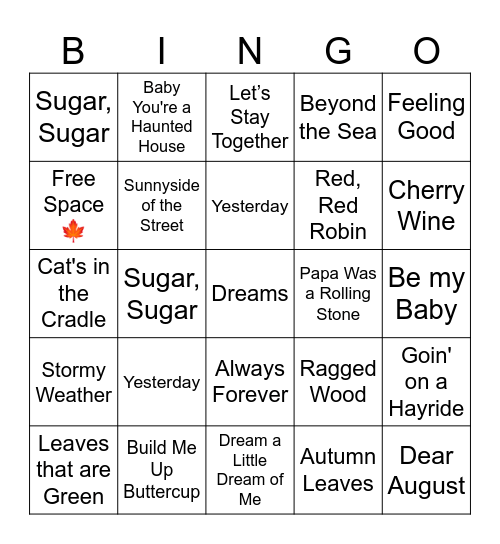 Fall Music Bingo Card