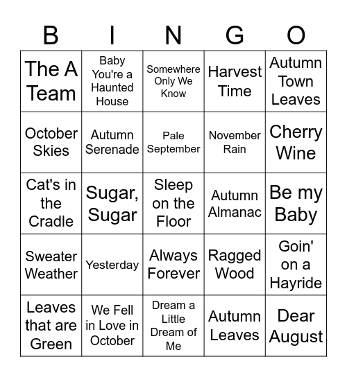 Fall Music Bingo Card