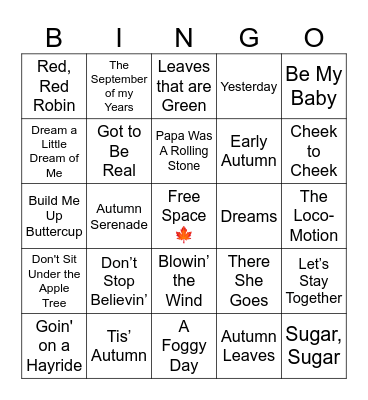 Fall Music Bingo Card