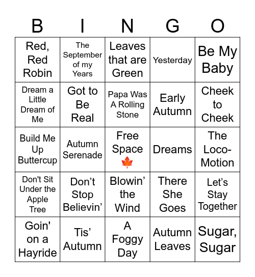 Fall Music Bingo Card