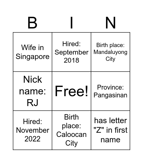 Guess Who Bingo Card