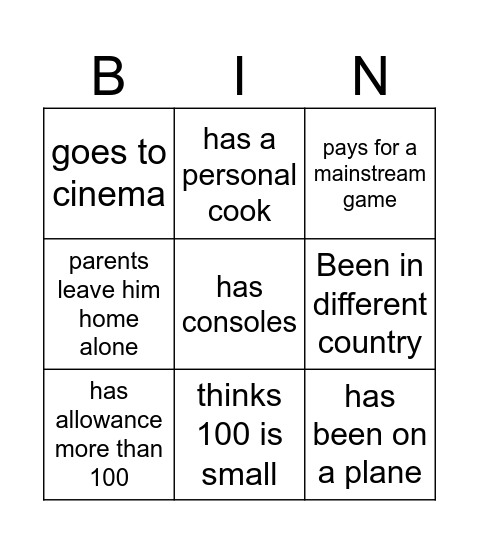 rich kid bingo Card