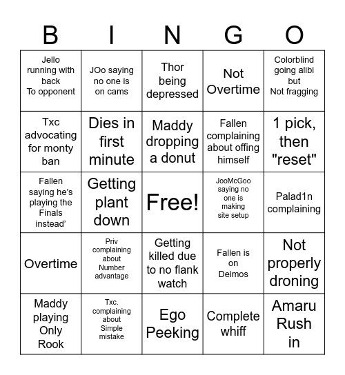 Rainbow Six Complaints Bingo Card