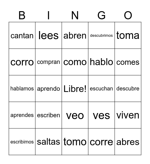 AR, ER, IR Spanish Verbs Bingo Card