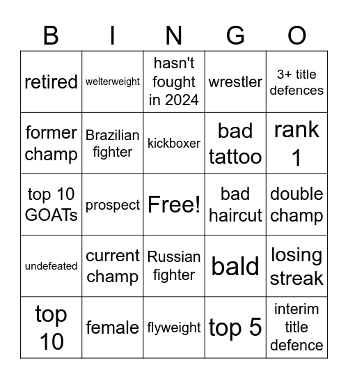 UFC Bingo Card