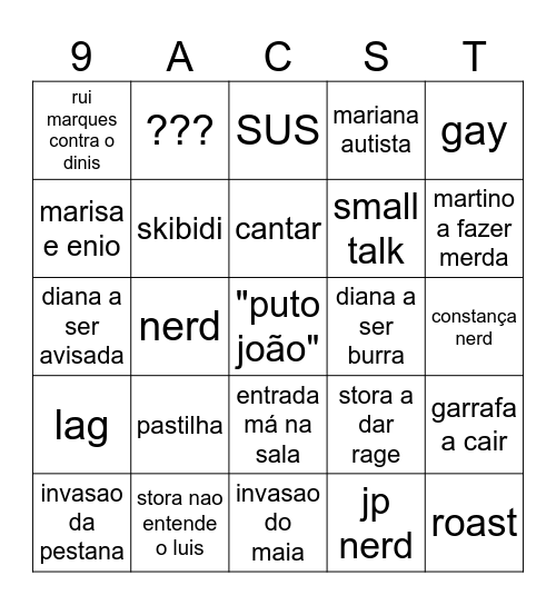 Bingo do 9A Bingo Card