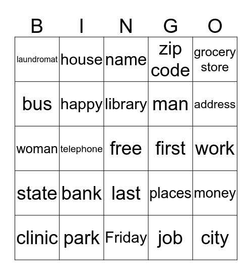 Community Places & Review Unit 1 Bingo Card