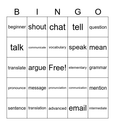 PET Language Vocabulary Bingo Card