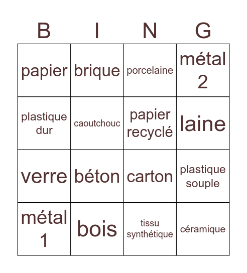 Les matériaux Bingo Card