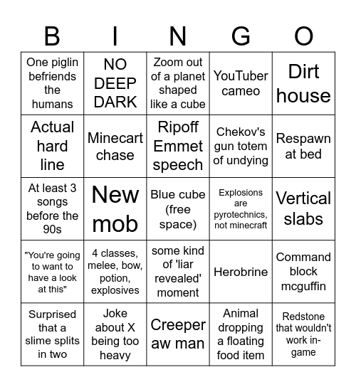 Minecraft Movie Bingo Card