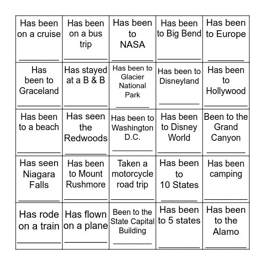 Been There Done That!!! Bingo Card