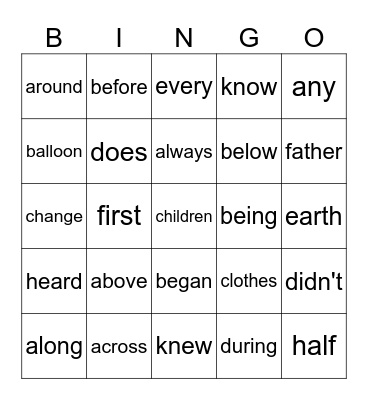 Y4 high frequency Bingo Card