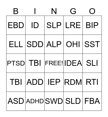 SPECIAL EDUCATION ACRONYMS Bingo Card