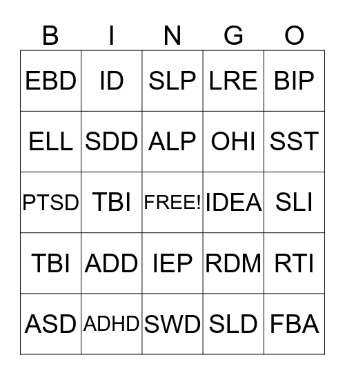 SPECIAL EDUCATION ACRONYMS Bingo Card