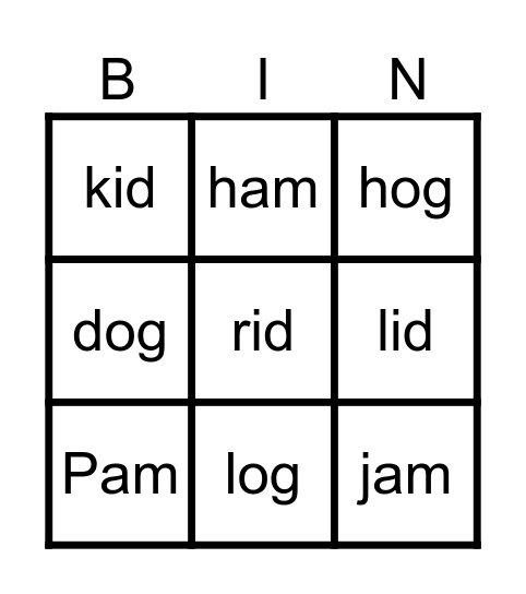 Short Sounds Bingo Card