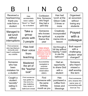End of Term Bingo Card