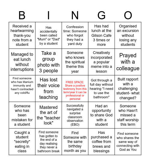 End of Term Bingo Card