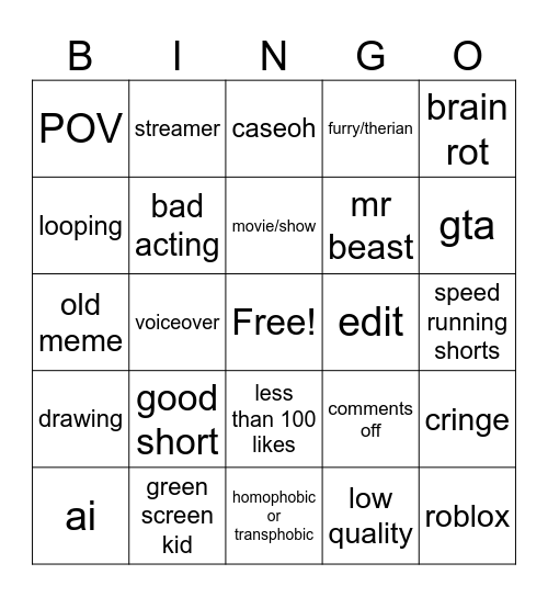 yt shorts bingo Card