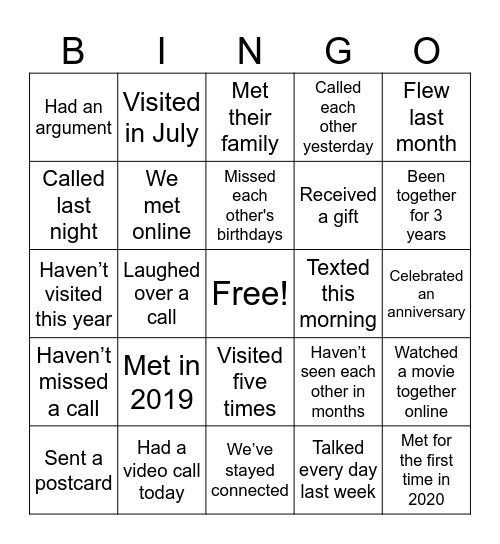 long-distance relationship Bingo Card