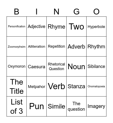 Poetry Bingo Card
