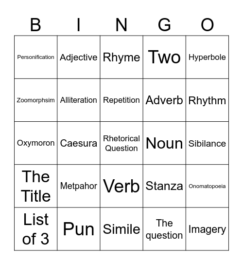 Poetry Bingo Card