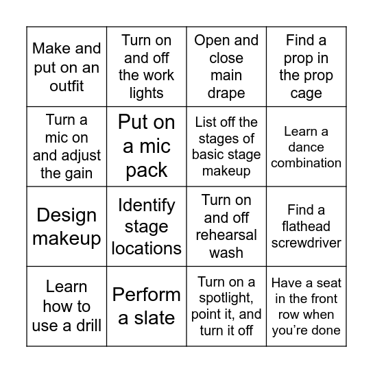 Theatre Scavenger Hunt Bingo Card