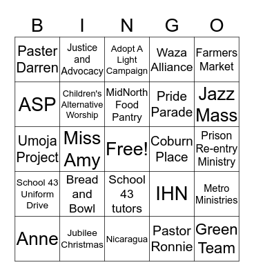 North Church Outreach Bingo Card