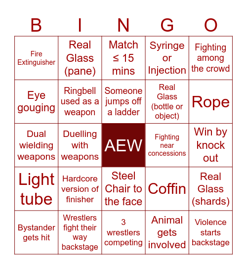 AEW Hardcore Bingo Card