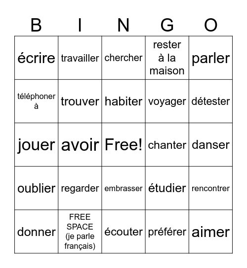 verbes -er Bingo Card