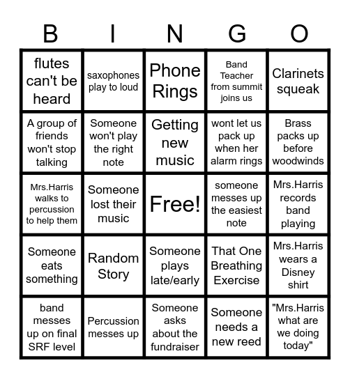 Band Class Bingo Card