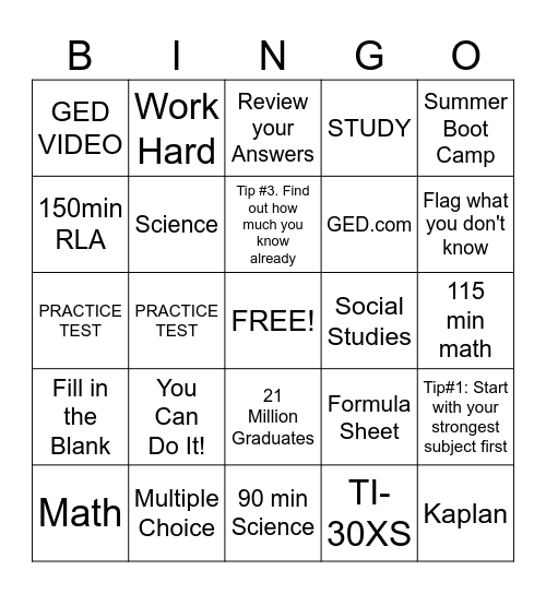 GED STUDY BINGO Card