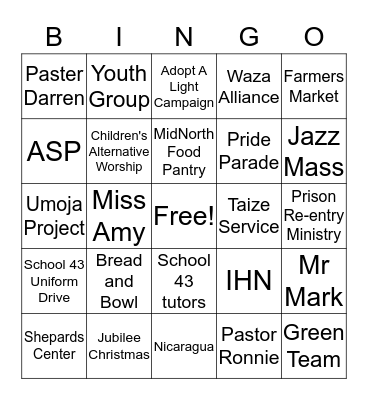 North Church Outreach Bingo Card