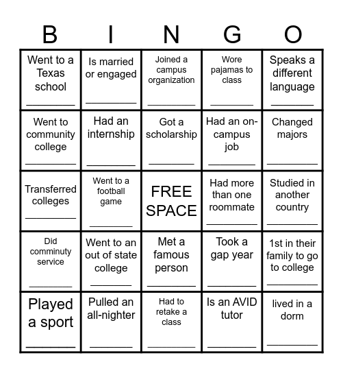 College Bingo Card