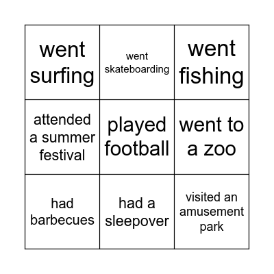 Summer activities Bingo Card
