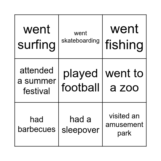 Summer activities Bingo Card