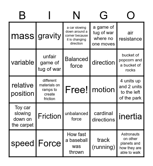 Force and Motion Bingo Card