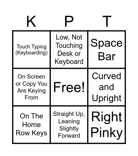 Keyboarding Posture and Technique Bingo Card