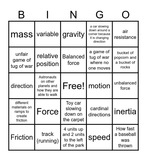 Force and Motion Bingo Card